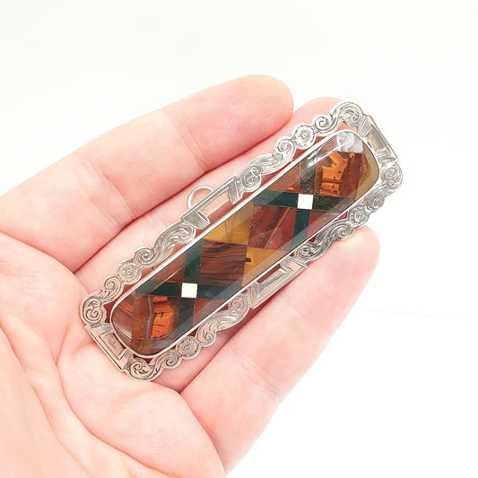 Antique Solid Silver Scottish Brooch Mosaic Agate Jasper Pin Saltire X Cross Bloodstone Large Big Vintage 1800s Womens Jewelry Jewellery