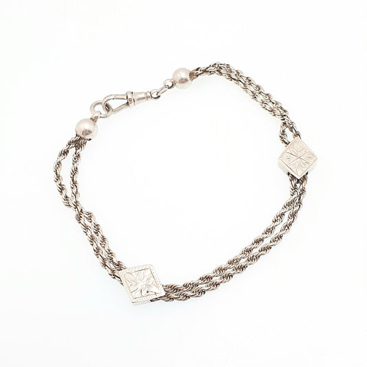 Antique Solid Silver Albertina Bracelet Victorian Kite Spacer Rope Link Engraved Chain 9.70g 20.5cm Vintage Gift Womens Jewelry Jewellery