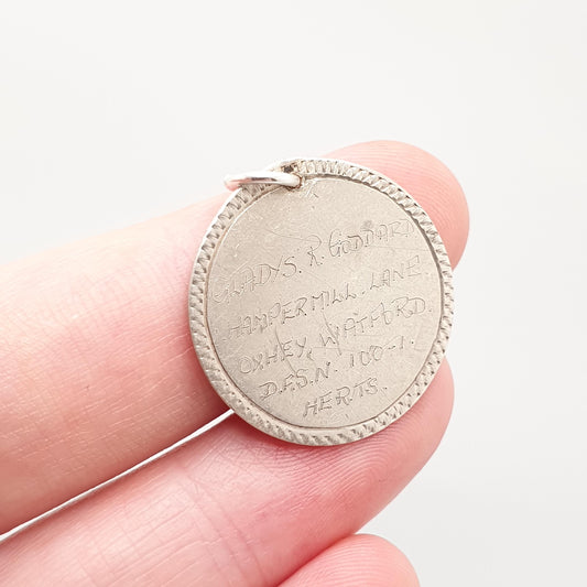 Antique Sterling Silver Address Token Necklace Pendant Lost and Found SOS Gladys R Goddard Vintage Mens Womens Jewelry Jewellery