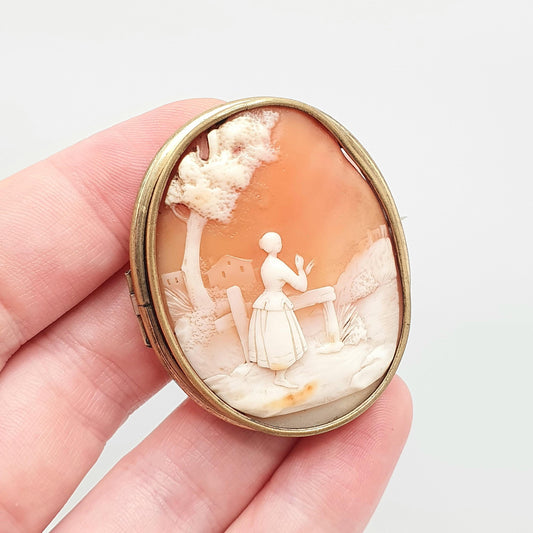 Antique Victorian Cameo Brooch Rolled Gold Lady Tree Holding Flower Basket Large Big Fine Hand Carved Shell Vintage Jewelry Jewellery