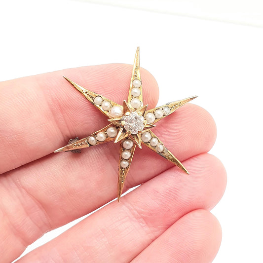 Antique 9ct Gold Star Brooch Natural Diamond & Seed Pearl Solid 9k 375 Victorian Brooch 6 Point Celestial 1800s Vintage Jewellery Jewelry