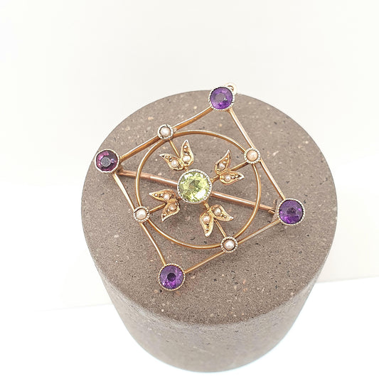 Antique Suffragette 9ct Gold Pendant Necklace Brooch Peridot Amethyst Seed Pearl Edwardian Solid 9k 9kt Rare Vintage Jewellery Jewelry