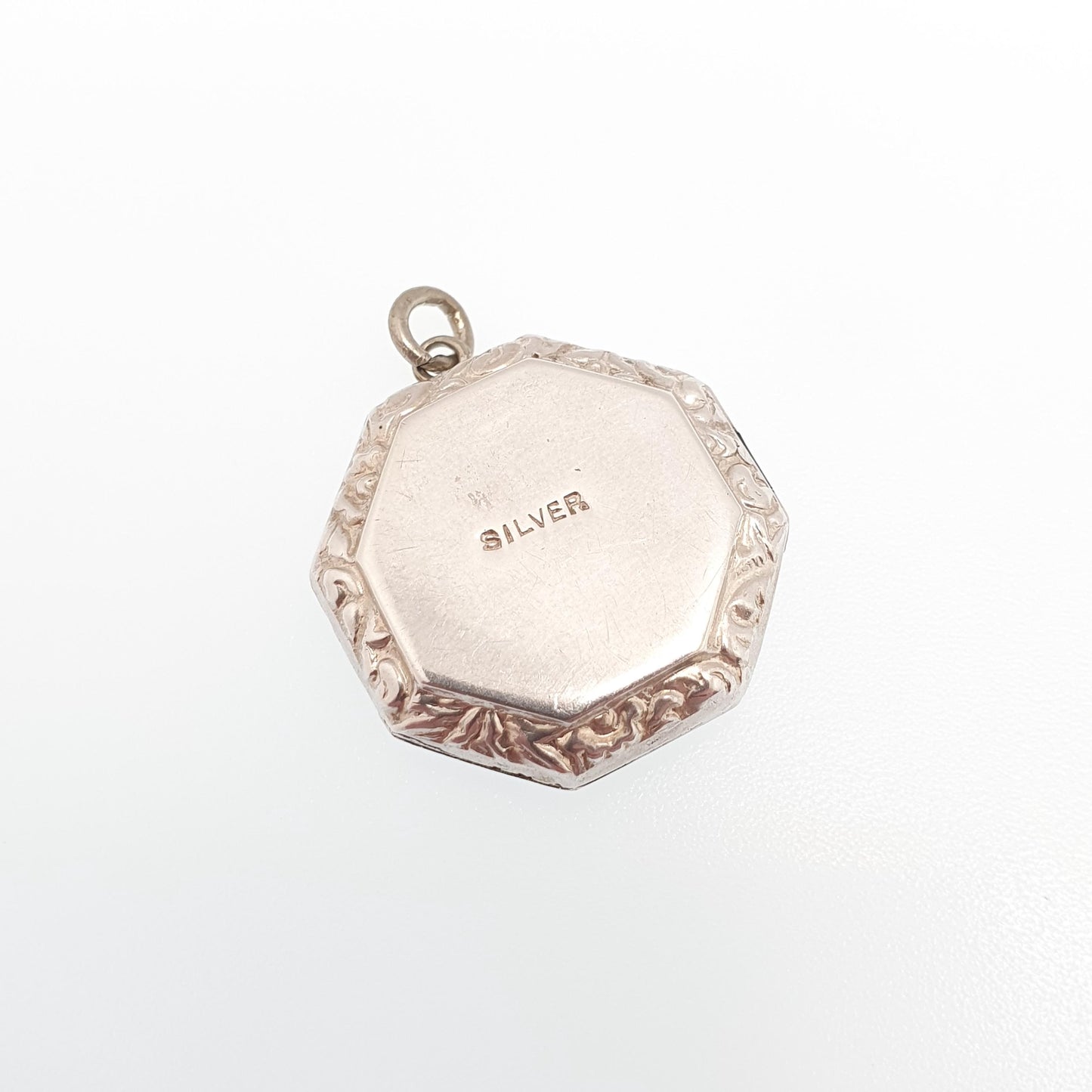 Antique Solid Silver Bird Locket Octagonal Octagon Geometric Small Cute Necklace Vintage Pendant Picture Photo Womens Jewelry Jewellery