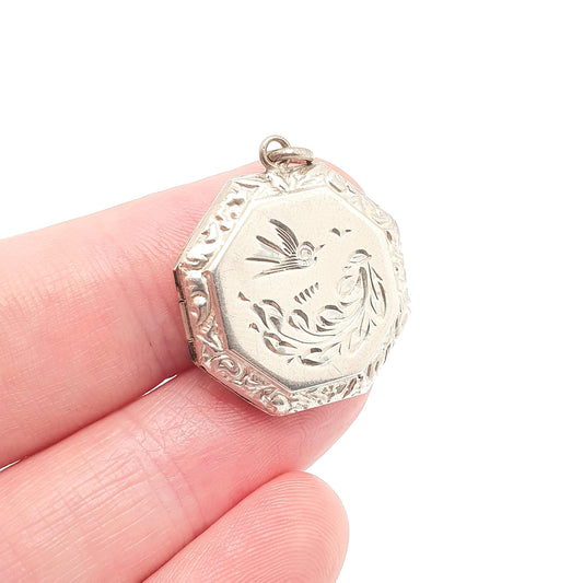 Antique Solid Silver Bird Locket Octagonal Octagon Geometric Small Cute Necklace Vintage Pendant Picture Photo Womens Jewelry Jewellery