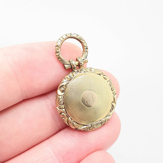 Antique Victorian 9ct 9k Gold Locket Necklace Pendant Pocket Watch Style Chased Border Solid Back & Front Style Picture Jewelry Jewellery