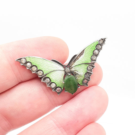 Antique Solid Silver Enamel Butterfly Brooch Nephrite Jade & Diamond Paste Insect Bug Style Vintage Estate Ladies Womens Jewelry Jewellery