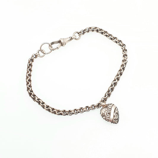 RESERVED/SOLD DON Antique Solid Silver Albertina Bracelet Victorian Heart Charm Dog Clip Belcher Link Chain 6.88g 19.5cm