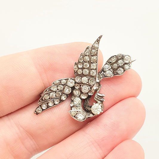 Antique Solid Silver Victorian Paste Bird Brooch Cradling an Egg Diamond Foiled Pastes Crane Cute Birds Vintage 1800s Ladies Womens