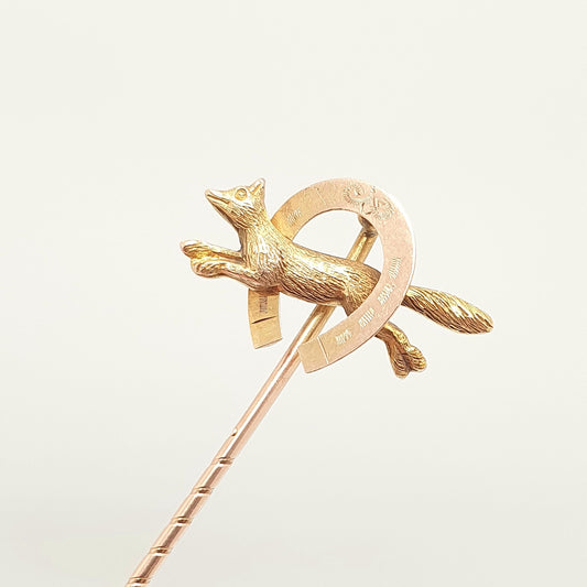 Antique 9ct Gold Fox & Horseshoe Stick Pin Victorian Solid 9k 9kt Animal Foxes Lucky Good Luck Lapel Jacket Mens Gents Vintage Jewelry