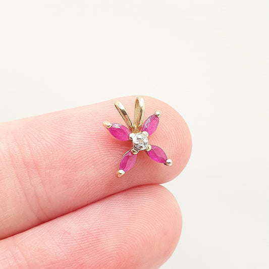 Vintage 9k 9ct Gold Ruby & Diamond Necklace Pendant X Cross Shape Small Flower Solid 375 Yellow Cute Ladies Womens Jewelry Retro Jewellery
