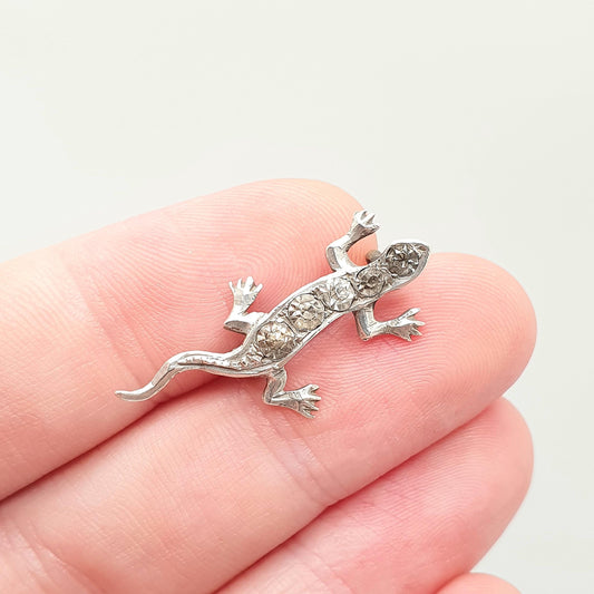 Antique Victorian Sterling Silver Lizard Brooch Diamond Paste Small Tiny Pastes Reptile Animal Gecko Vintage Womens Retro Jewelry Jewellery