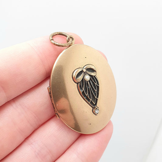 Antique Art Deco Gold Gilt Locket Bow Faux Seed Pearl Diamond Paste Necklace Pendant Large Vintage 1920s Big Womens Ladies Jewellery Jewelry