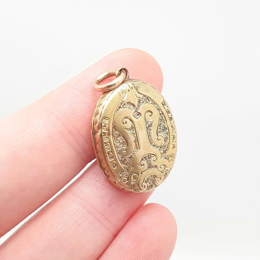 Antique Victorian Locket Solid 14kt 14k Gold Hand Engraved Mourning Solid 585 All Gold Small Oval Gift Necklace Pendant Vintage Jewelry