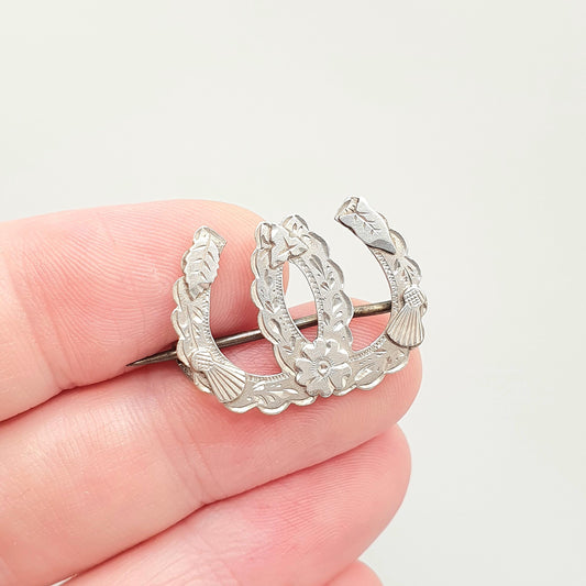 Antique Sterling Silver Double Horseshoe Brooch Pin 1893 Lucky Victorian Good Luck Charm Horse Riding Unisex Jewelry Jewellery Vintage