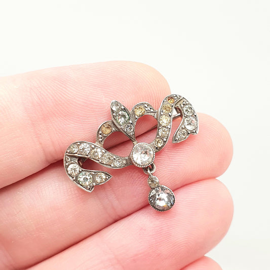 Antique Victorian Sterling Silver Diamond Paste Brooch Scroll Hanging Drop Pendant Ornate Late 1800s Sparkly Foiled Jewelry Jewellery