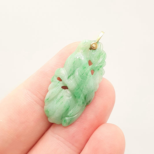Antique 14k Gold Carved Jade Bird Necklace Pendant Apple Green Art Deco Solid 585 14kt Genuine Jadeite Gemstone Vintage Jewelry Jewellery