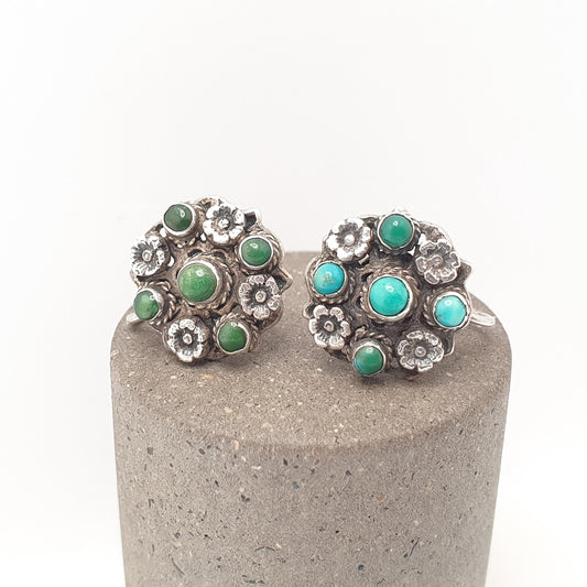 Antique Solid Silver Turquoise Earrings Victorian Austro Hungarian Natural Gemstones Art Nouveau Screw Back Vintage Womens Jewelry Jewellery