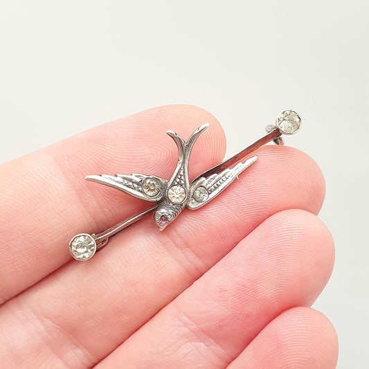Antique Sterling Silver Paste Bird Brooch Diamond Foiled Pastes 1908 Hallmark Songbird Swallow Cute Birds Vintage Ladies Womens Jewelry
