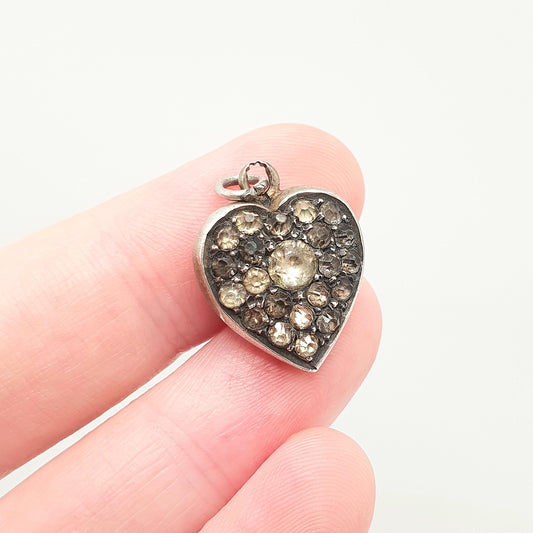Antique Victorian Solid Silver Puffer Heart Diamond Paste Pendant Charm Necklace Old Cut Ornate Sparkly Vintage Womens Jewellery Jewelry