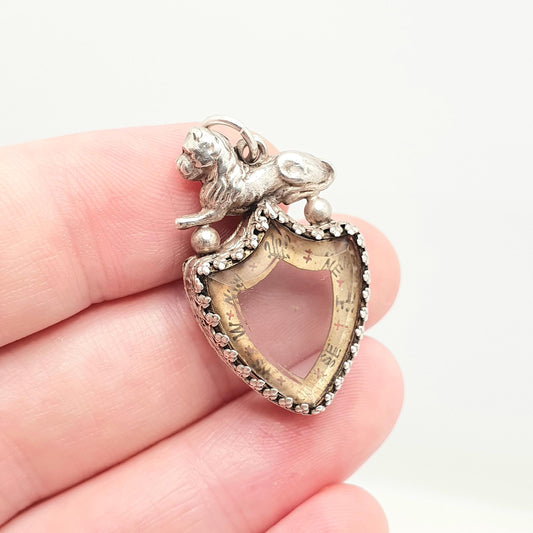 Antique Sterling Silver Lion Fob Pendant Necklace Shield Compass 1909 Hallmark Roar Big Cat Animal Vintage Womans Jewellery Jewelry