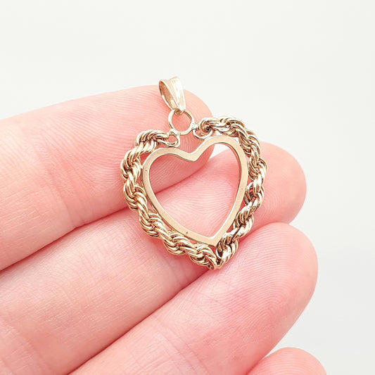 Vintage 10k 10kt Gold Heart Pendant Necklace Solid 417 Rope Link Yellow Modernist Retro Fine Estate Love Gift Womens Jewelry Jewellery