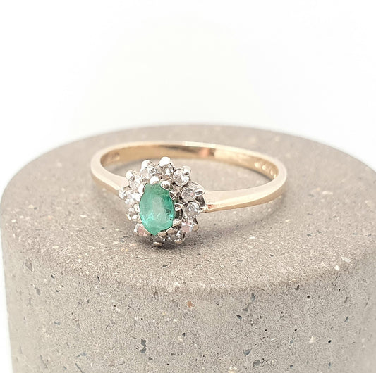 Vintage 9k Gold Emerald Diamond Ring Cluster Oval Cut Solid 9ct 375 Estate Fine Retro Genuine Gemstone Real Jewelry Jewellery Womens