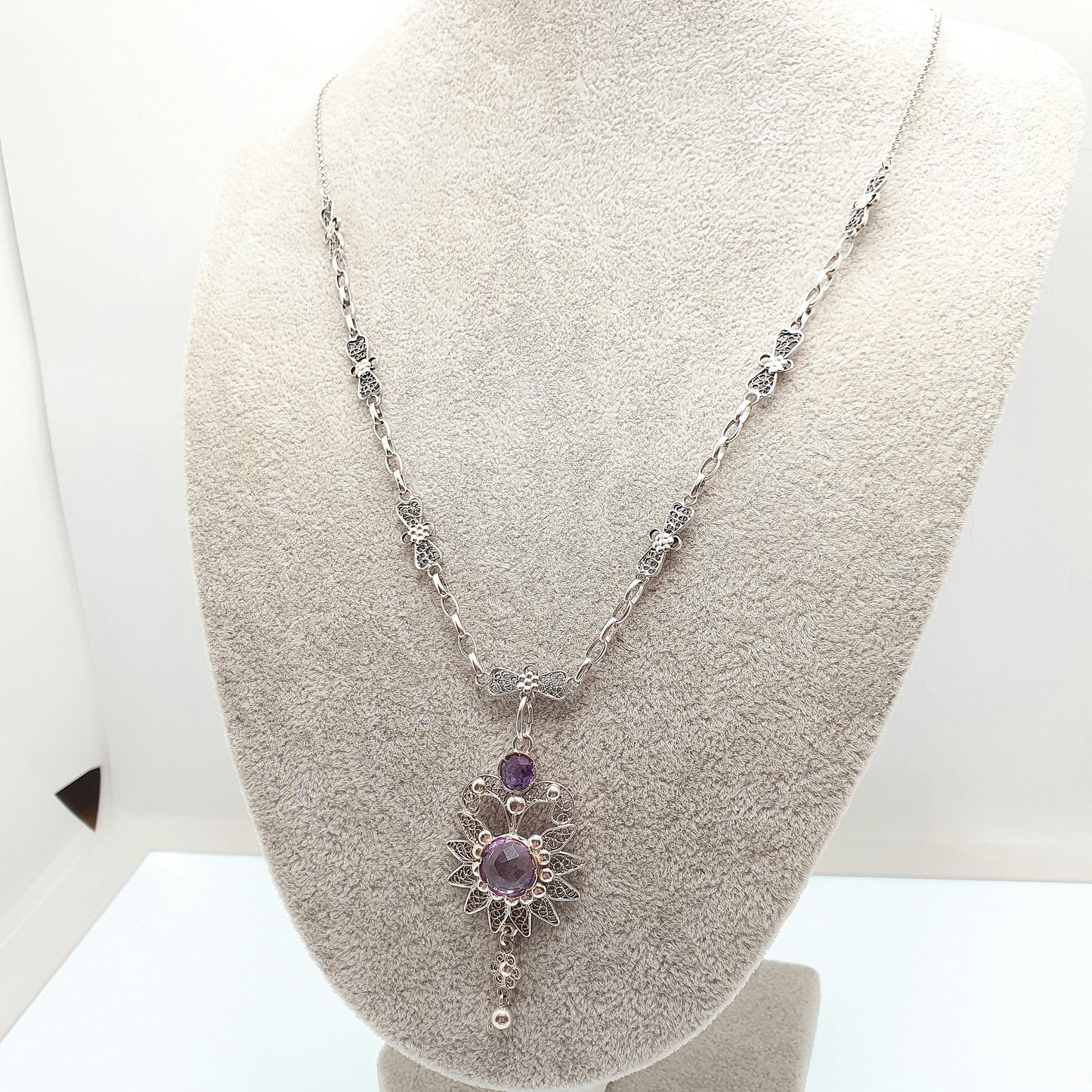 Old Vintage Amethyst Solid Silver Filigree Necklace Handmade Genuine Gemstone Long Length 59cm 23.2" Fine Womens Jewelry Jewellery