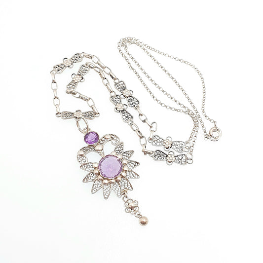 Old Vintage Amethyst Solid Silver Filigree Necklace Handmade Genuine Gemstone Long Length 59cm 23.2" Fine Womens Jewelry Jewellery