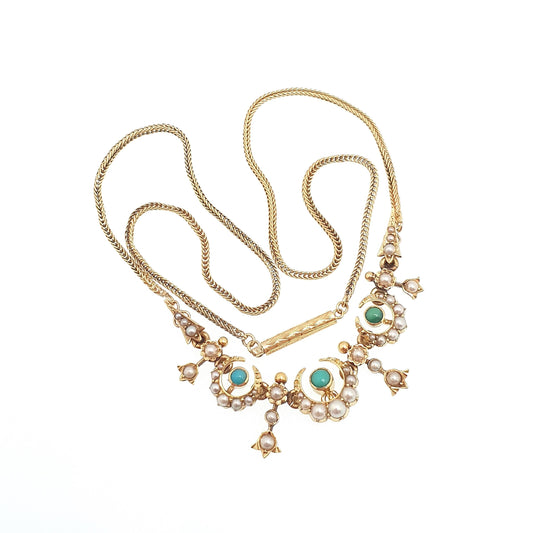 Antique Victorian 14k Gold Turquoise & Pearl Necklace Solid 14kt 585 Crescent Moon Celestial Gemstone Vintage Womens Jewellery Jewelry