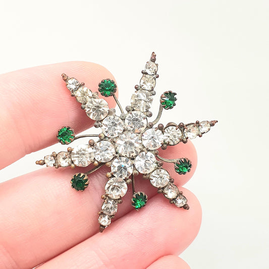 Antique Victorian Emerald Diamond Paste Star Brooch Base Metal Genuine 1800s Green Pastes Sparkly Womens Costume Jewelry Jewellery