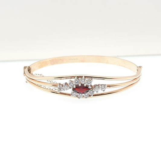 Antique Garnet Paste & Diamond Paste Bangle Rolled Gold Filled Snap Bracelet 1910s Unique Fine Estate Womens Vintage Jewelry Jewellery