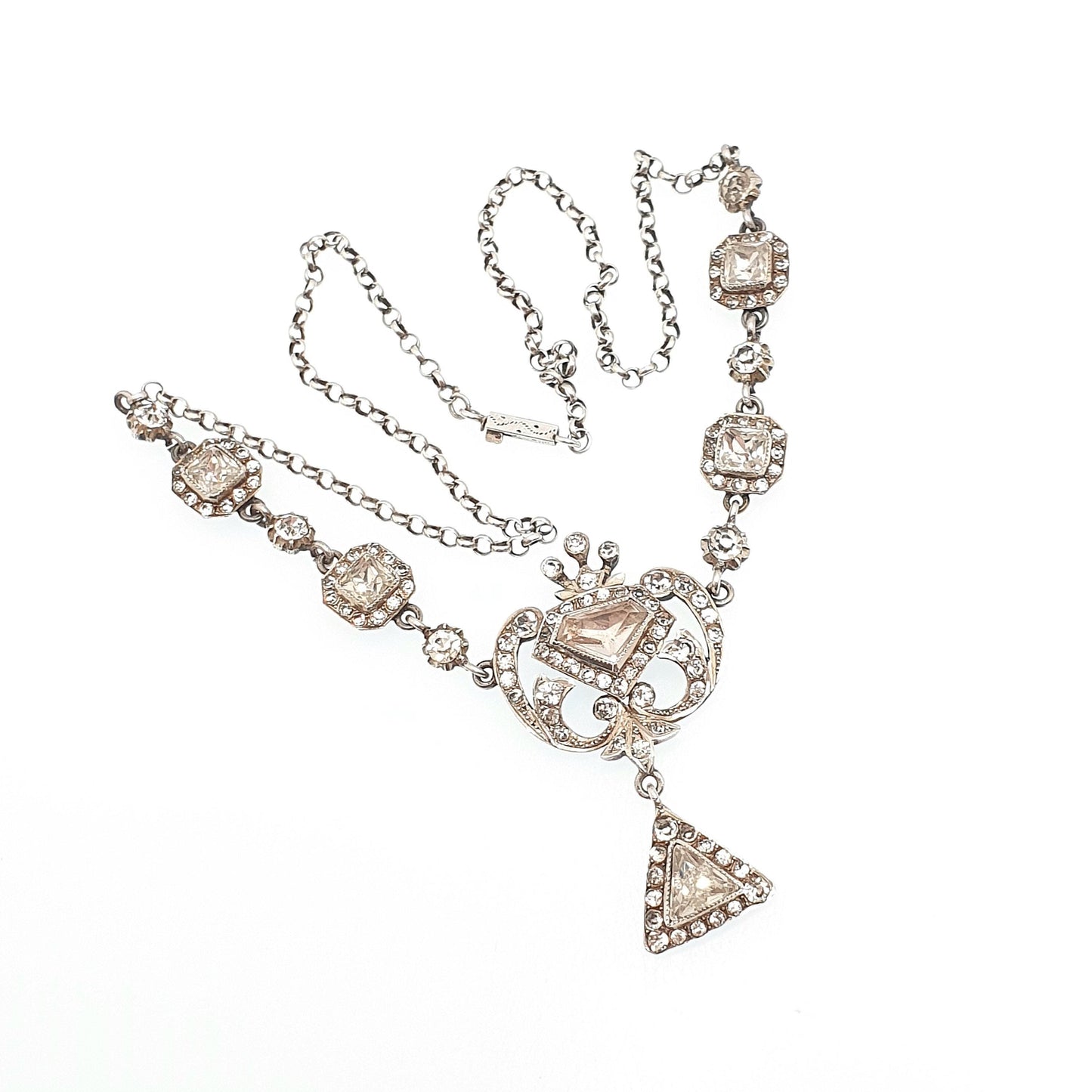 Antique Victorian Solid Silver Diamond Paste Necklace Lavalier Y Pendant Art Noueavu Sparkly Genuine Vintage Womens Jewellery Jewelry