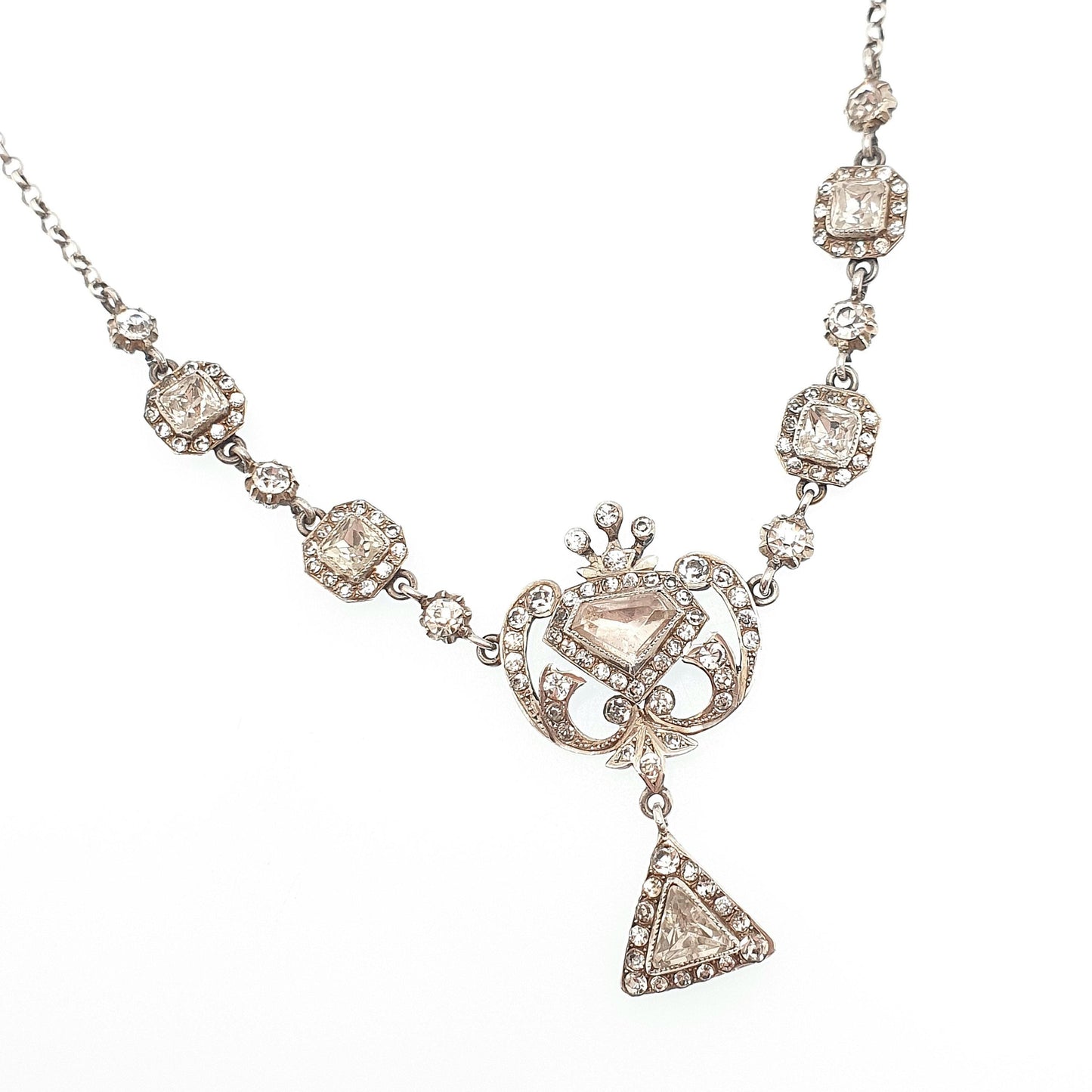 Antique Victorian Solid Silver Diamond Paste Necklace Lavalier Y Pendant Art Noueavu Sparkly Genuine Vintage Womens Jewellery Jewelry