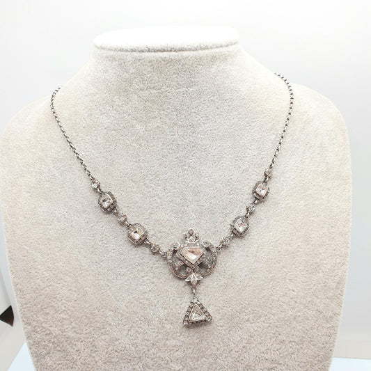 Antique Victorian Solid Silver Diamond Paste Necklace Lavalier Y Pendant Art Noueavu Sparkly Genuine Vintage Womens Jewellery Jewelry