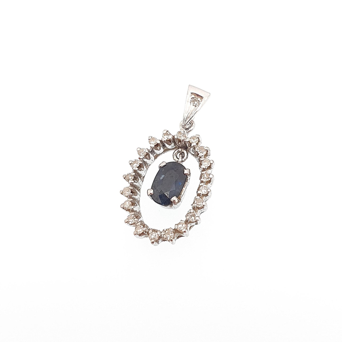 Vintage 14k 585 White Gold Sapphire Diamond Pendant Necklace Oval Cut Blue Gemstone Solid 14ct 14kt Ladies Womens Jewelry Jewellery