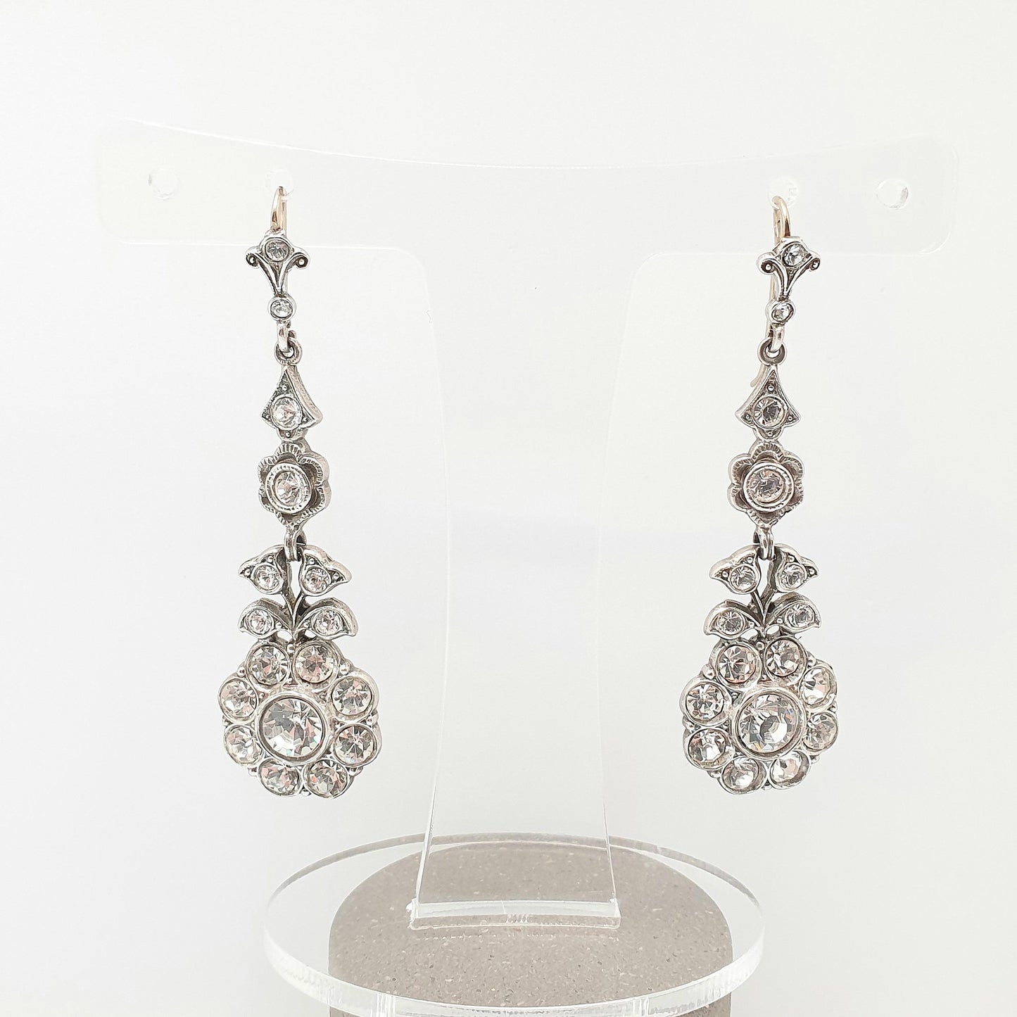 Antique Victorian 9ct Gold Diamond Paste Earrings Solid Silver Hook Dangling Drop Chandelier Art Nouveau Cluster Vintage Jewelry Jewellery
