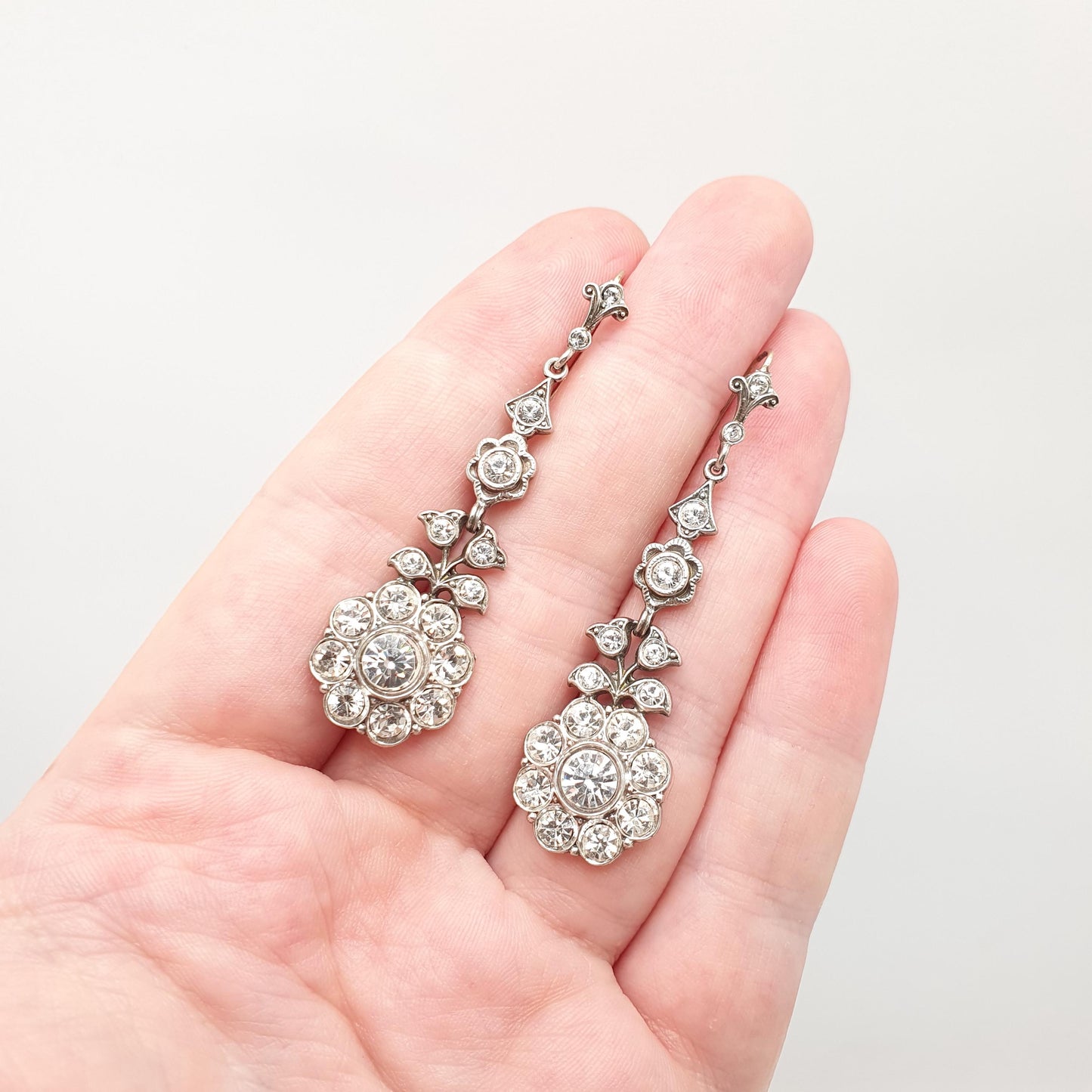 Antique Victorian 9ct Gold Diamond Paste Earrings Solid Silver Hook Dangling Drop Chandelier Art Nouveau Cluster Vintage Jewelry Jewellery