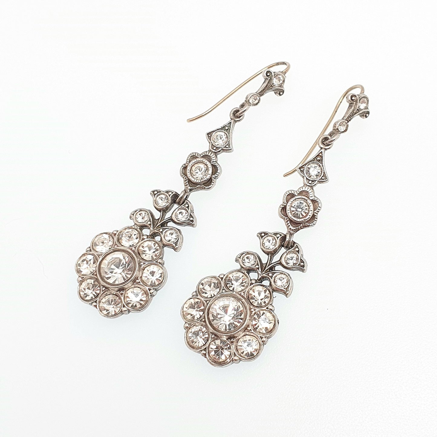 Antique Victorian 9ct Gold Diamond Paste Earrings Solid Silver Hook Dangling Drop Chandelier Art Nouveau Cluster Vintage Jewelry Jewellery