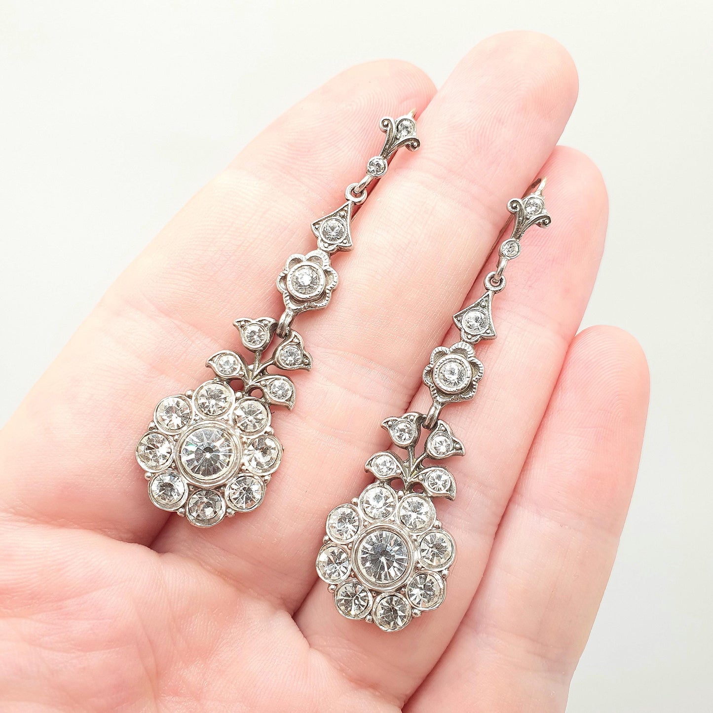 Antique Victorian 9ct Gold Diamond Paste Earrings Solid Silver Hook Dangling Drop Chandelier Art Nouveau Cluster Vintage Jewelry Jewellery