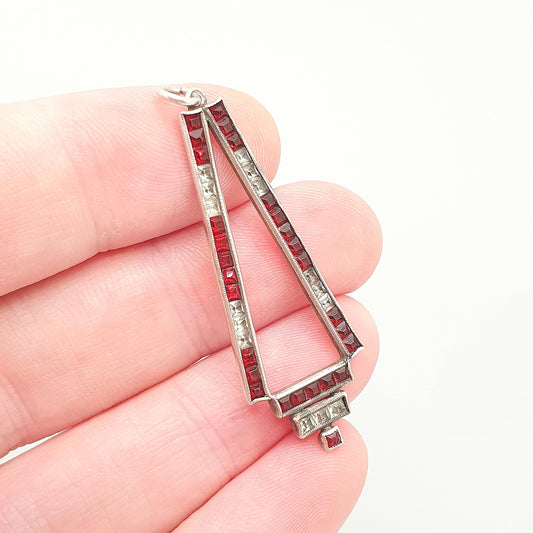 Antique Art Deco Solid Silver Ruby Paste Pendant Diamond Paste Channel Geometric Necklace Pave Sparkly Vintage Womens Jewellery Jewelry