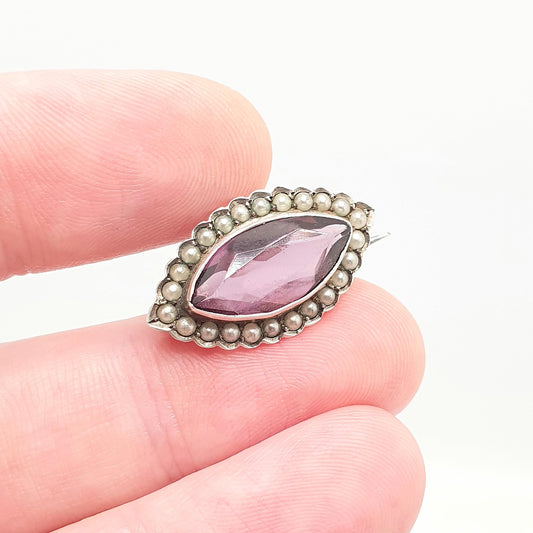 Antique Solid Silver Amethyst Paste Star Brooch Victorian Seed Pearl Ellipse Shape Genuine 1800s Vintage Womens Ladies Jewelry Jewellery