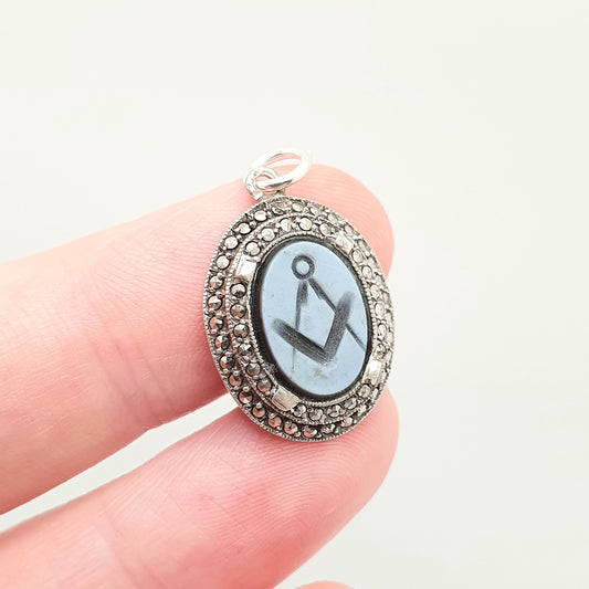 Antique Solid Silver Square & Compass Pendant Intaglio Agate Hardstone Masonic Fob Necklace Art Deco Marcasite Free Masons Jewelry Jewellery