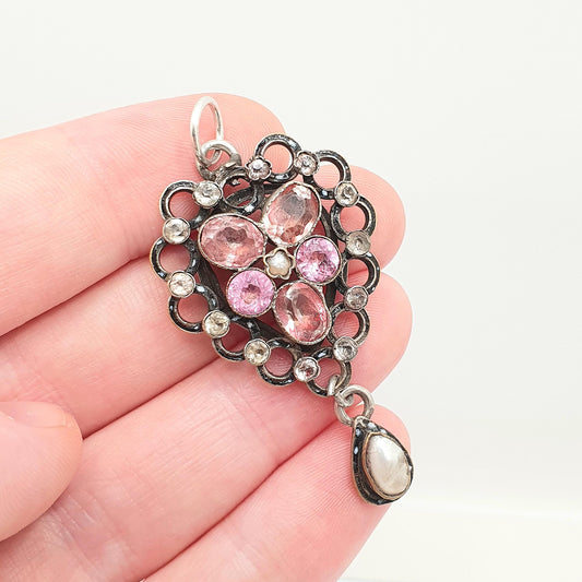Antique Victorian Pink Paste Pendant Diamond Paste Necklace Silver Plate Mother of Pearl Hanging Openwork Vintage Womens Jewellery Jewelry