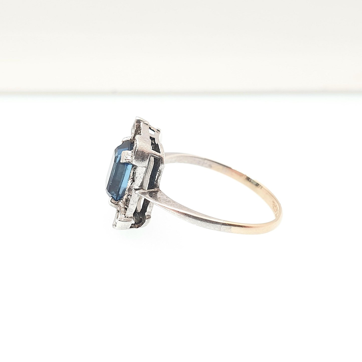 Antique 9ct 9kt Gold Sapphire Paste Ring White Spinel Gemstone Art Deco Cocktail Rectangular Cut Solid Silver Vintage Womens Jewelry