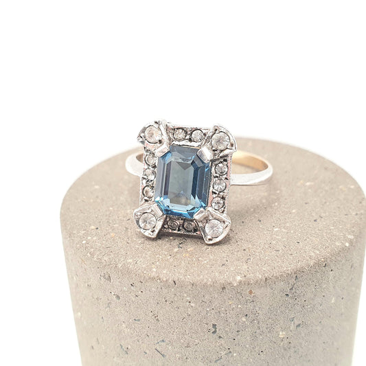 Antique 9ct 9kt Gold Sapphire Paste Ring White Spinel Gemstone Art Deco Cocktail Rectangular Cut Solid Silver Vintage Womens Jewelry