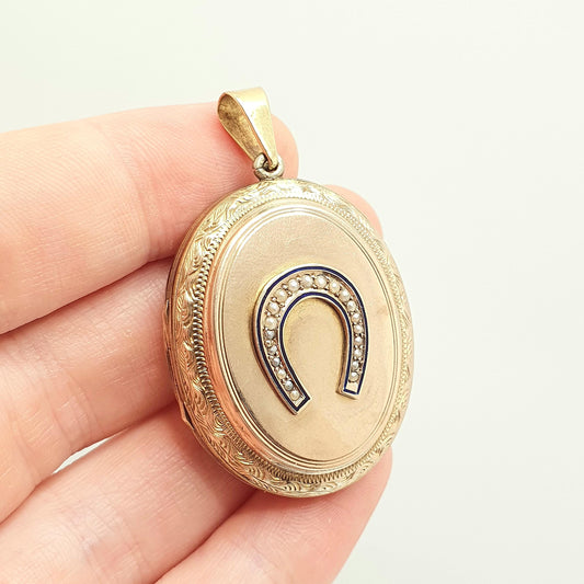 Antique 9ct 9k Gold Horseshoe Locket Enamel Seed Pearl Victorian Horse Lucky Necklace Pendant Large Big Solid Back Front Jewelry Jewellery