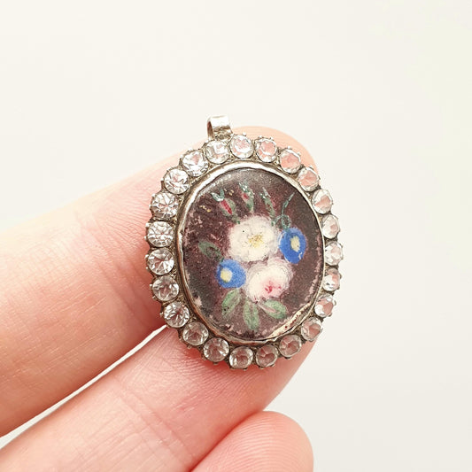 Antique Georgian Solid Silver Hand Painted Necklace Pendant Diamond Paste Flower Pin Floral Painting Vintage Retro Jewelry Jewellery