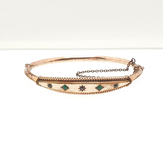 Antique Victorian Rolled Gold Emerald Paste Bangle Snap Bracelet Gold Filled Rare Unique 1800s Ornate Womens Vintage Jewelry Jewellery