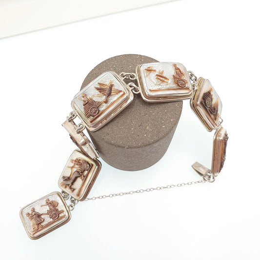Antique Cameo Solid Silver Bracelet Flying Chariot Rectangular Vintage 1920s Abalone Shell Hand Carved Womens Italian Jewelry Jewellery