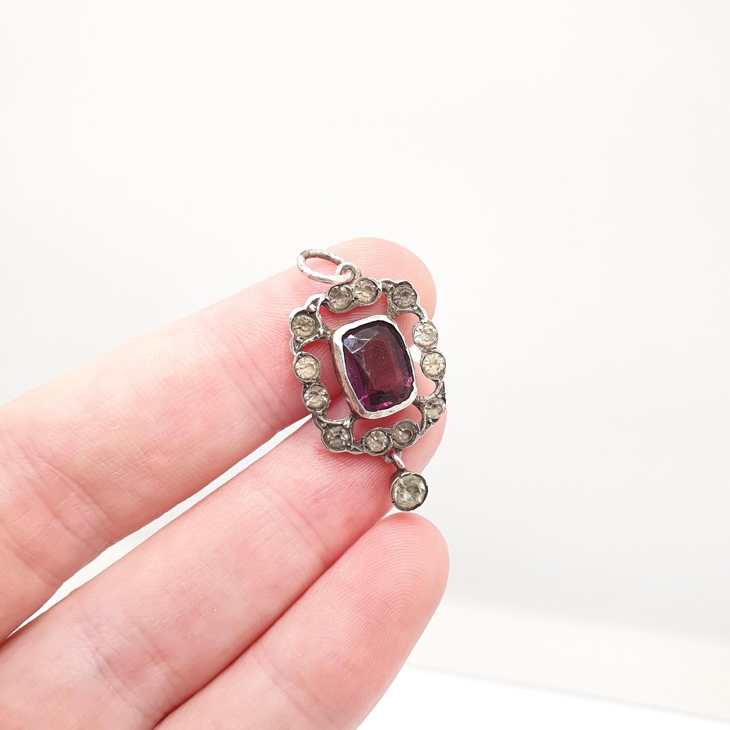 Antique Solid Silver Amethyst & Diamond Paste Pendant Necklace Foiled Pastes Cluster Edwardian Rare Vintage Womens Jewellery Jewelry